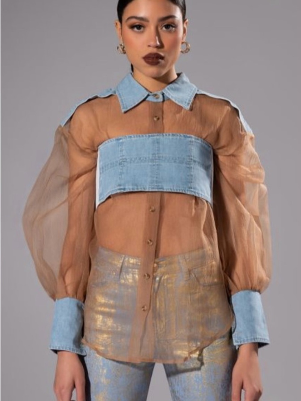 Akira Sheer Tan Organza Blouse w/ Light Blue Denim Trim with Bandeau & Skirt
